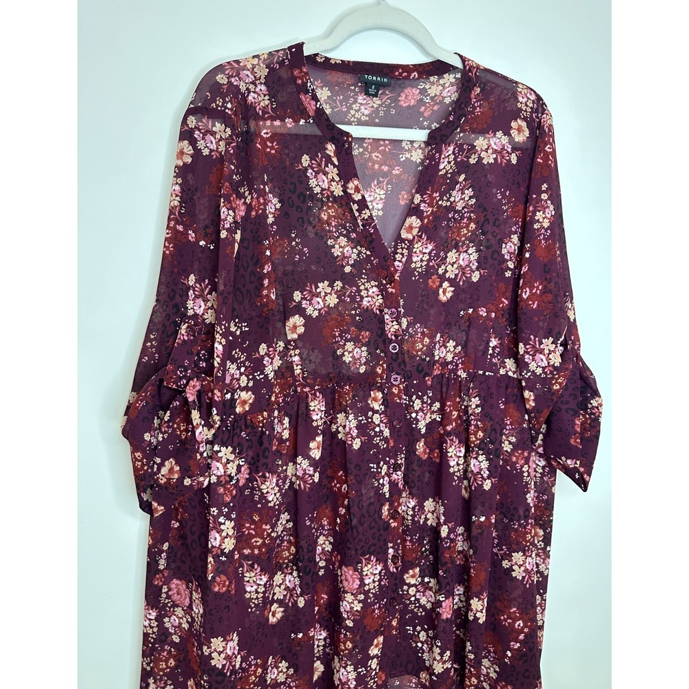 Torrid Burgundy Floral Sheer Chiffon Hi-Lo Babydoll Tunic Top Plus Size 2 2X - Picture 3 of 11